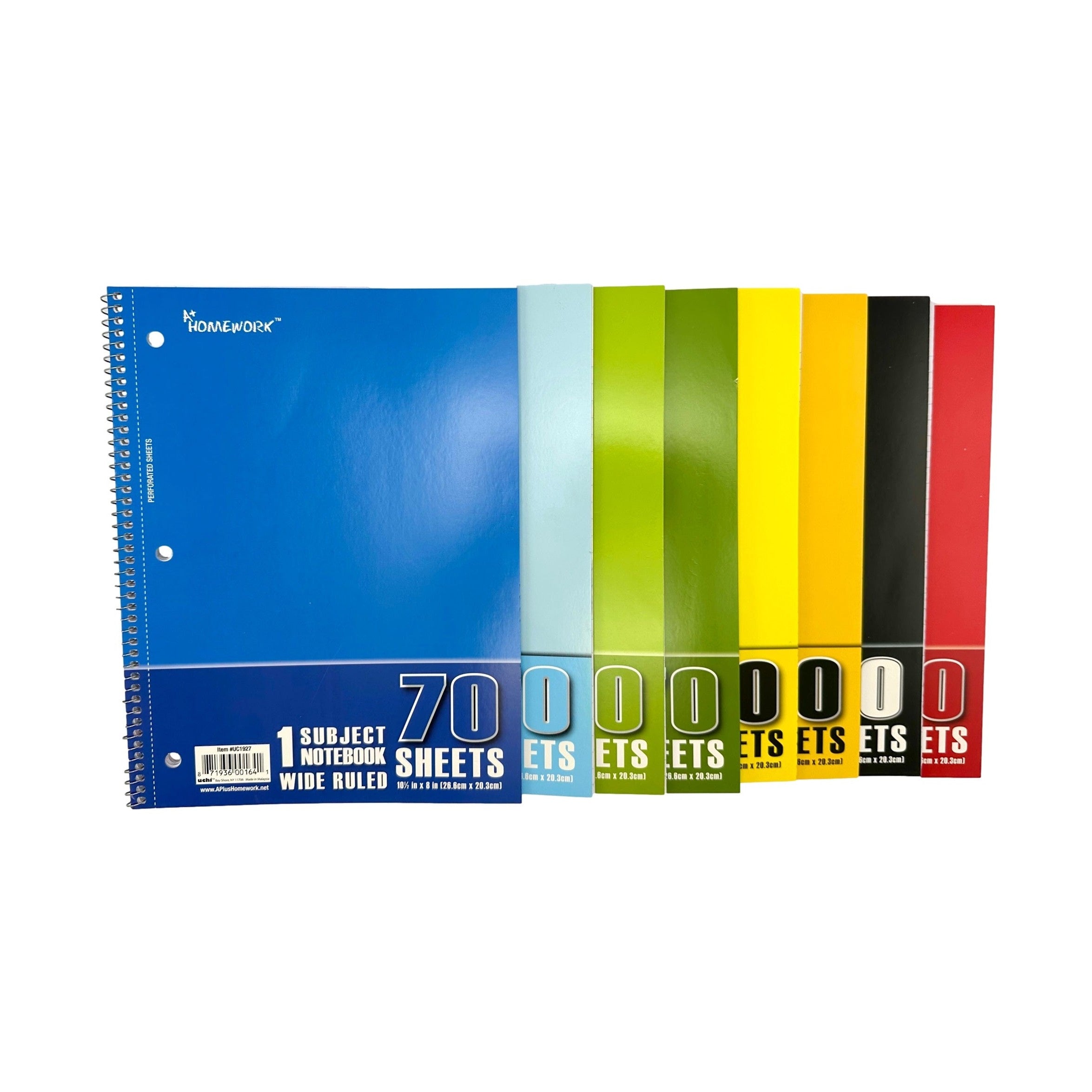A stack of colorful one-subject notebooks.